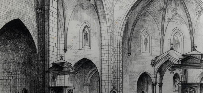 Dibuix de la perspectiva interior de Sant Pere de Figueres dels arquitectes Josep Maria Segarra, Amadeu Llopart i Enric Móra. 